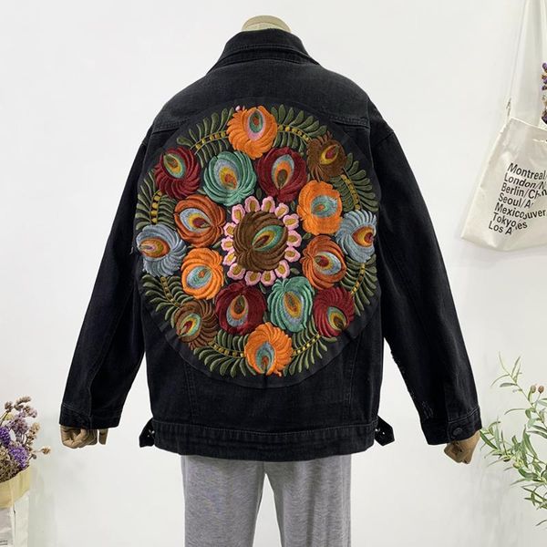 

women's jackets black frayed hole denim jacket women loose casual vintage floral embroidery autumn lapel long sleeve jeans female jaque, Black;brown
