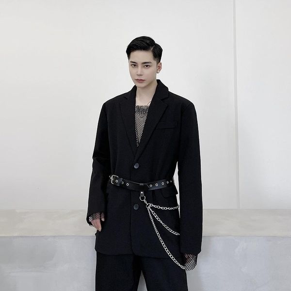

men's suits & blazers men chain leather belt casual loose coat suit outerwear male streetwear hip hop gothic jacket stage show clothes, White;black
