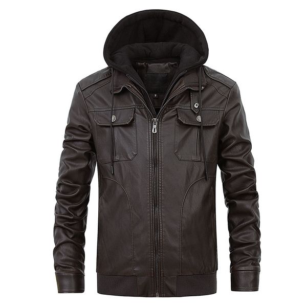 

spring and autumn european men's motorcycle embroidery printed leather jacket with hooded collar, comfortable, windproof and fashion, Black