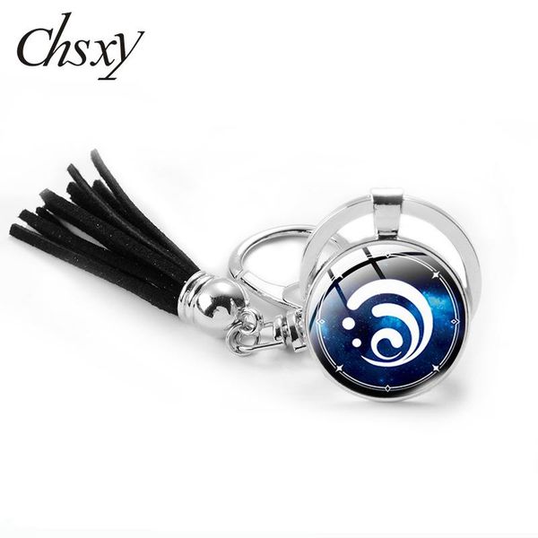 

keychains blue anime god genshin impact eye tassel keychain holder disc round glass dome key chains rings charms jewelry accessories gifts, Silver