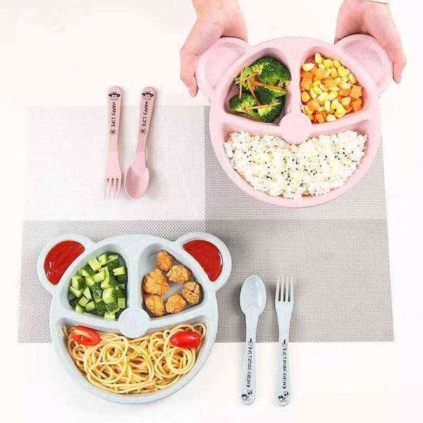 Baby Schüssel + Löffel + Gabel Füttern Lebensmittel Geschirr BPA FREI Cartoon Bär Kinder Gerichte Baby Essen Geschirr Set Anti-hot Ausbildung Platte G1210