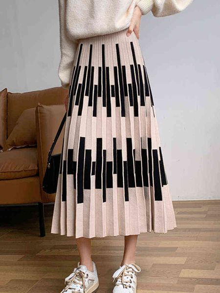 

tigena soft knitted midi skirt women fashion autumn winter vintage striped a line high waist pleated long skirt female 211120, Black