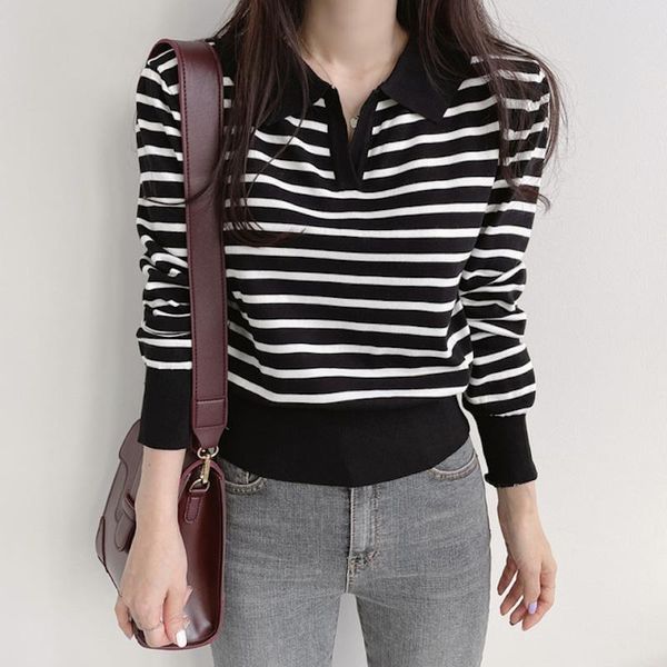 

women's sweaters 2021 autumn and winter korean girl college style striped lapel pullover sweater women, White;black