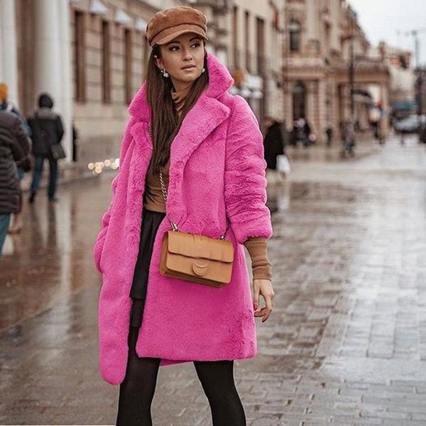 

women's fur & faux fashion plush suit collar coat ladies long jacket women, Black