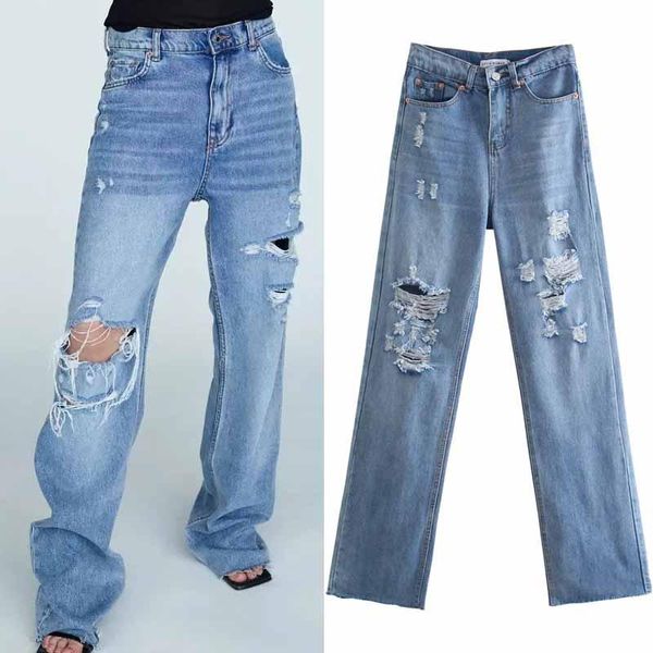 

women's jeans womens stretchy ripped hole classic-fit high waisted bulifting washed distressed denim pants with pockets trousers, Blue