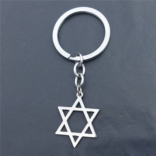 Keyring de aço inoxidável Estrela de David Hexagram Keychain Cinza Cor Prata Homens Mulheres Filme Jóias 12 Pcs / Lote inteiro