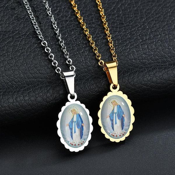 

pendant necklaces catholic virgin mary necklace stainless steel epoxy oval women's accessories religion jewelry gift, Silver
