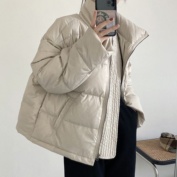 

short white duck down warm casual fashion coat women winter solid color oversized stand up collar jacket female 210520, Black