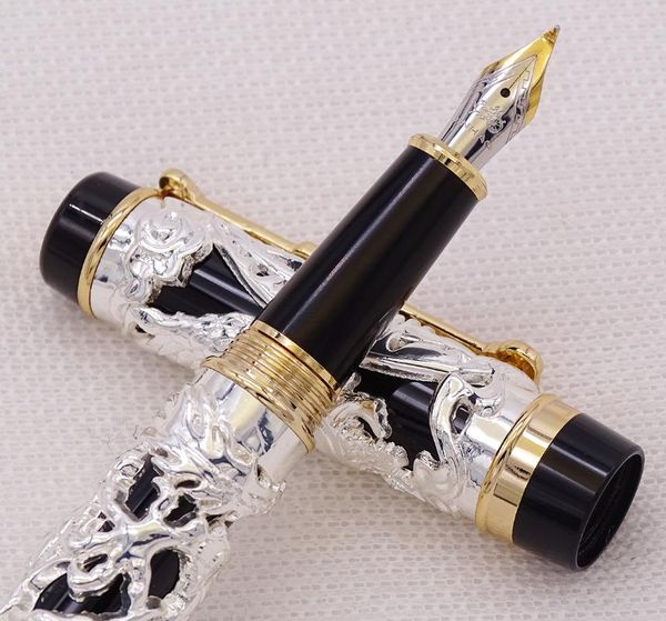 

fountain pens jinhao dragon phoenix vintage luxury calligraphy pen bent nib full metal silver & black carving for art office gift