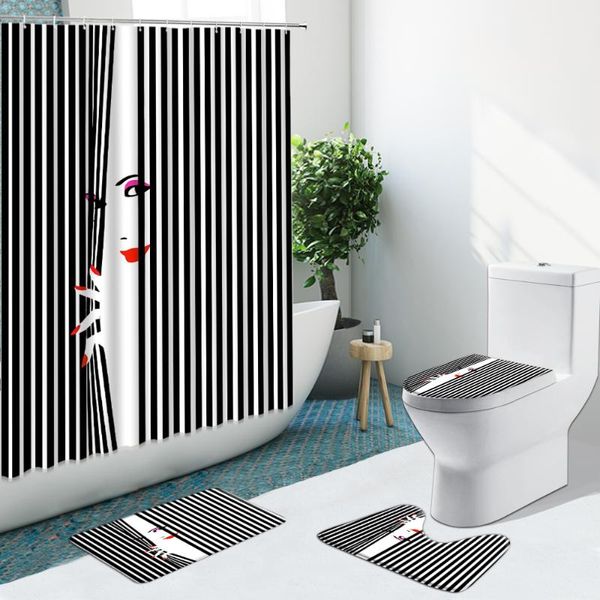 

shower curtains fashion red lips black white stripes curtain woman high heel non-slip flannel rug toilet cover bathroom set bath mat
