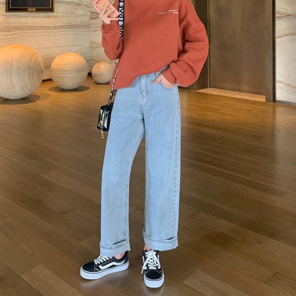 

women jeans for harajuku denim harem pants high waist ladies wide leg light blue korean style all-match women's