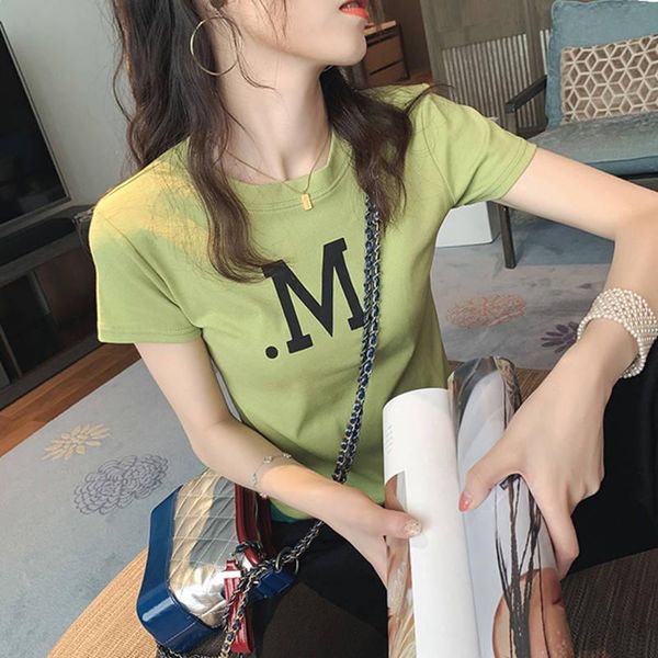 

women's t-shirt avocado green letter slim fit short 2021 summer round neck sleeve waist fashion top, White