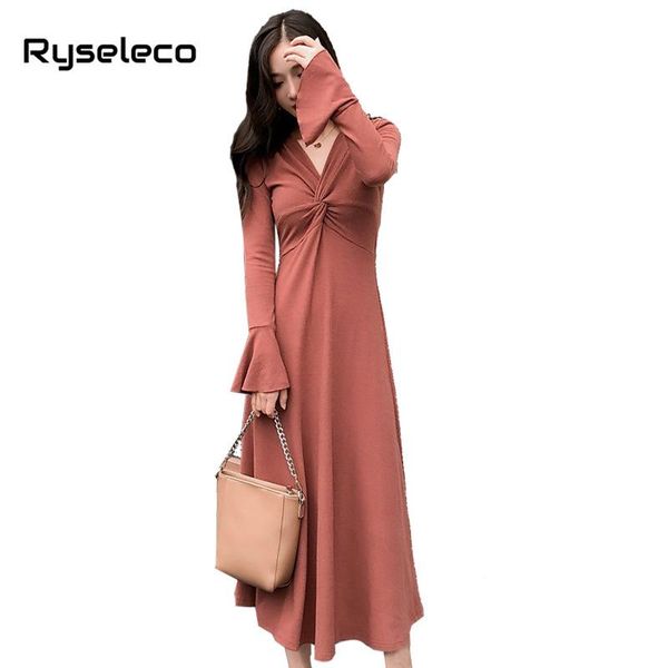 

casual dresses fall winter women long flare sleeve sweater girls elegant criss cross v-neck ruched elastic basic knitted dress, Black;gray