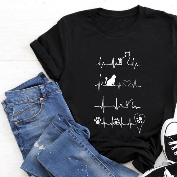 

cat women t shirts heartbeat print tee ladies short sleeve shirt femme vintage summer funny mujer camisetas, White