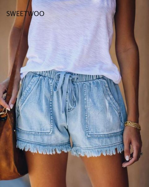 

women's shorts 2021 summer fashion european and american elastic waist tie casual high slim denim women, White;black