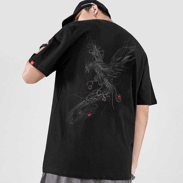 

designer black t shirt embroidery phoenix men street fashion brand cotton half short sleeve t-shirt for male tee m-4xl 210527, White;black