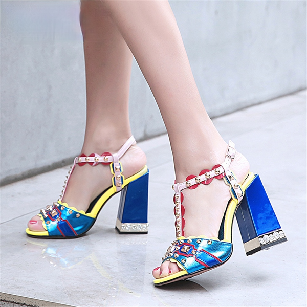 

luxury designer sandals women summer chunky spool heel genuine leather ankle wrap open toe sandal shoes party women high heels slides shoes, Black