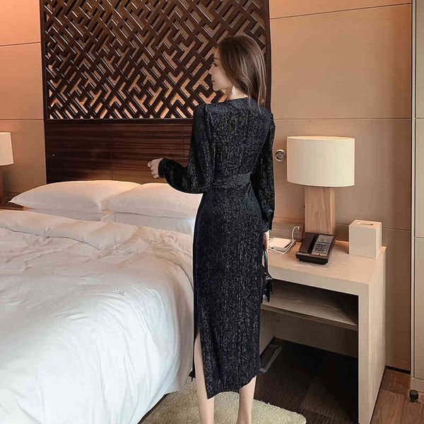 

dresses spring and autumn korea grace slim v-neck split frenulum gird your waist long sleeved, Black;gray