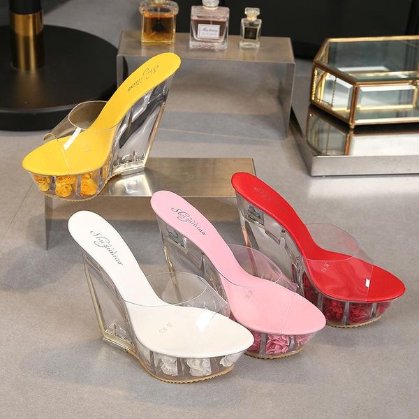 

crystal wedges slippers women summer waterproof platform antiskid shoes female super high heels flower sandals tws091, Black