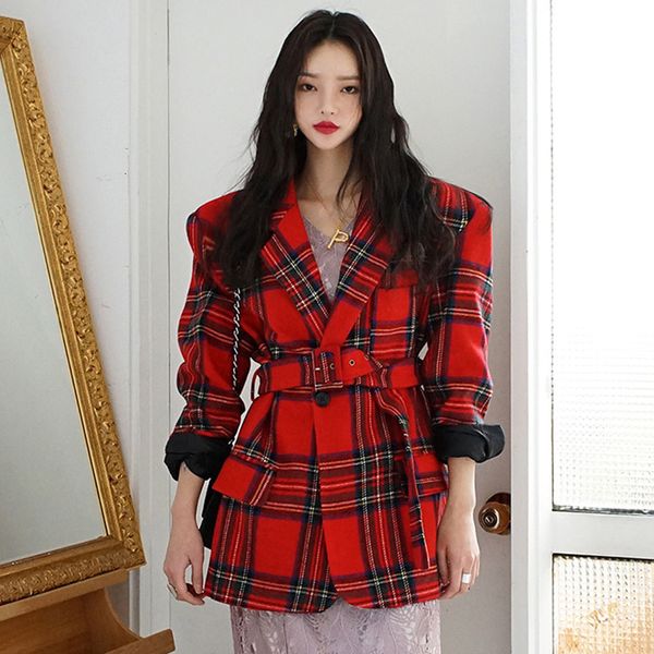 

women's suits & blazers [ewq] korea chic temperament red blazer women autumn notched plaid loose single button long sleeve suit jacket, White;black