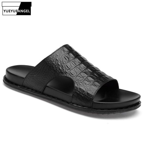

slippers fashion men black shoes crocodile pattern casual slides summer breathable beach sandals male plus size 37-45