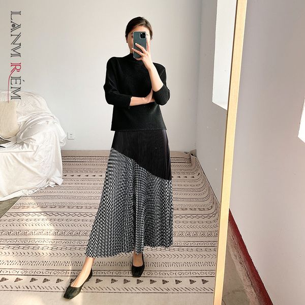 

women skirt spring summer elastic high waist pleated s female gray black stitching long 2d1586 210507