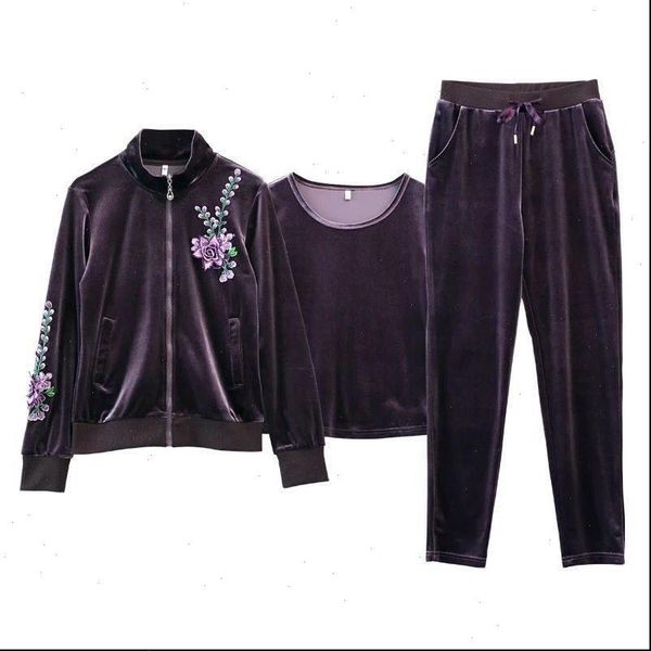 

tracksuit set velvet vest womens tracksuits long sleeve embroidery jacket pants 3piece ensemble fashion walker casual mom clothes, Gray