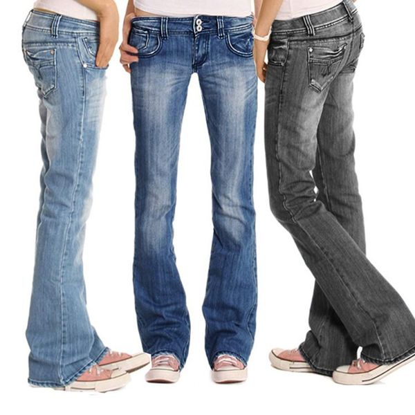 

womens classic retro low waist bootcut jeans plus size 4xl slim fit long flare jeans ladies casual simple loose denim trousers, Blue