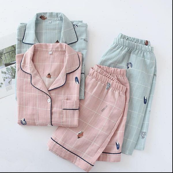 

100% cotton gauze women sleepwear short sleeve shorts couples pajamas conch plaid printing pijamas summer loungewear home sets, Black;red