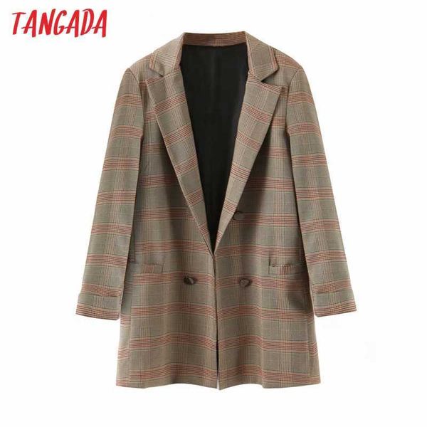 Tangada mulheres moda vintage xadrez padrão blazer casaco vintage duplo de manga longa manga longa feminina outerwear chique tops 3z13 210609