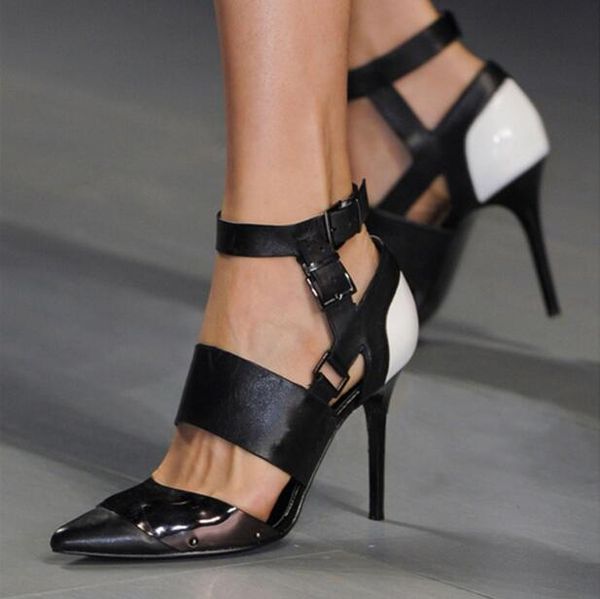 

dress shoes brand woman black white cuts out pointed toe pu stiletto heels party pumps big size 47