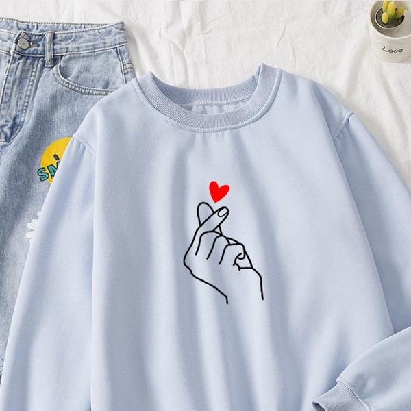 

women's hoodies & sweatshirts women casual kpop finger heart love pattern hooded fashion long sleeve o-neck cotton female pullovers, Black