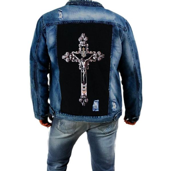 

men's jackets ripped denim jacket 2021 autumn and winter style lapel cross print wholesale, Black;brown