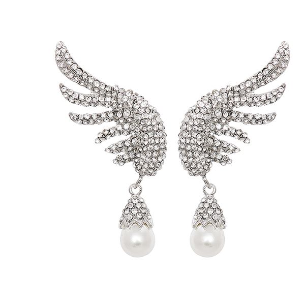 

crystal wing drop pearl earrings female dangle rhinestone pearl christmas earring for women jewelry gift, Silver