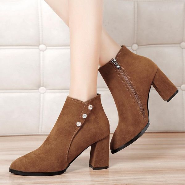

boots 2021 women zip ankle crystal pointed toe autumn ladies square high heels fashion female elegant platform casual shoes, Black