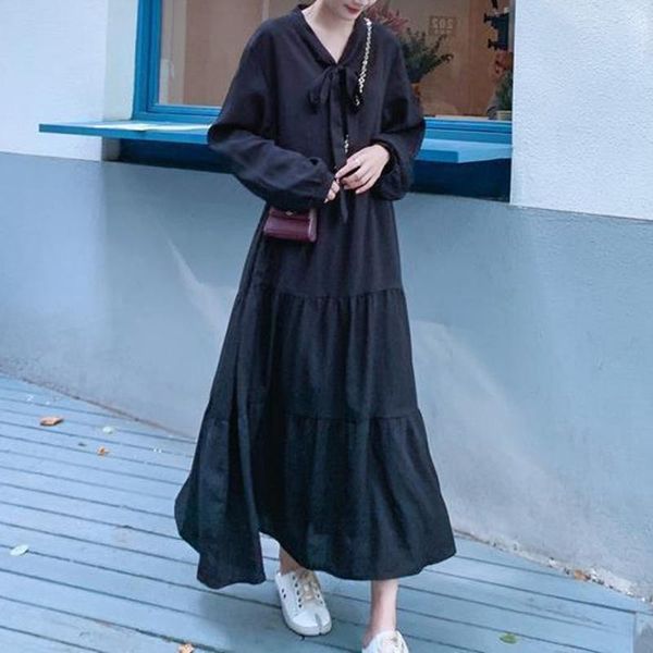 

casual dresses autumn fashion women long sleeve bellflower dress pullover v-neck loose solid a-line female spring clothing, Black;gray