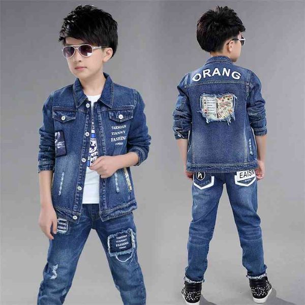 Moda Genç Erkek Denim Giysi Set Sonbahar Çocuk Kot Ceket Ve Pantolon Bebek Pamuk Spor Suits 10 12 Yıl 210622
