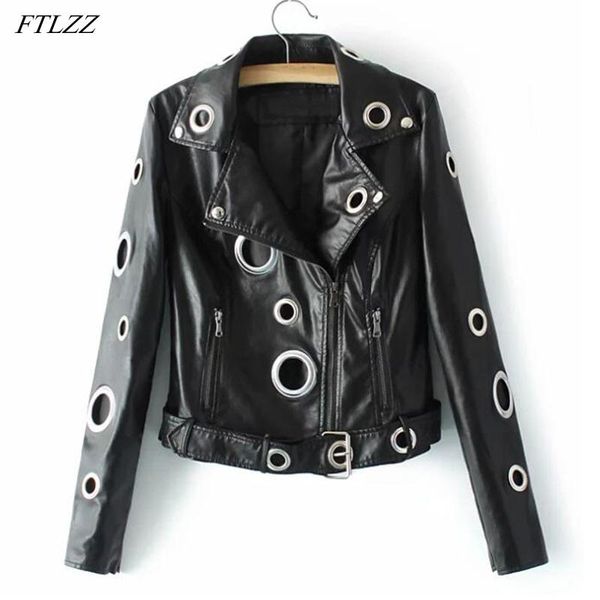 

women's leather & faux ftlzz autumn winter black short jacket women locomotive style pu jackets metal hole ring coat with belt