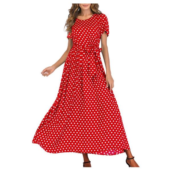 

casual dresses fashion women elegant office ladies dress o-neck short sleeve polka dot bandage long maxi vacation holiday, Black;gray