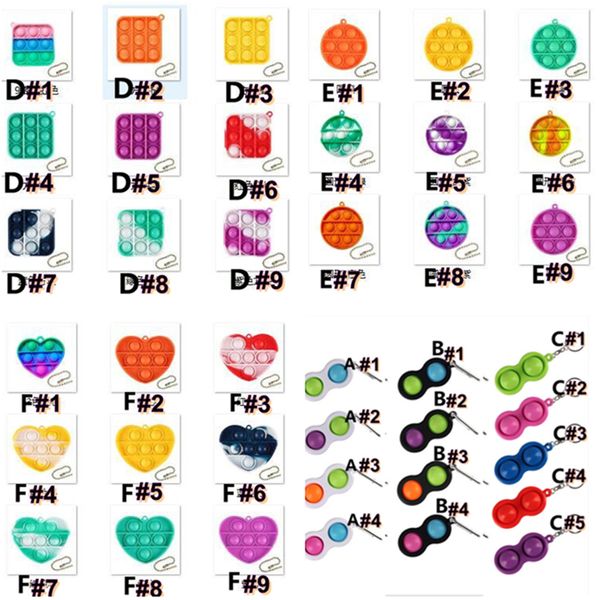 Fingerspielzeug Schlüsselbund Einfache quadratische runde Form Regenbogen-Tie-Dye und einfarbige Schlüsselanhänger Push-Blase Sensorisches Zappelspielzeug G52XJ3G