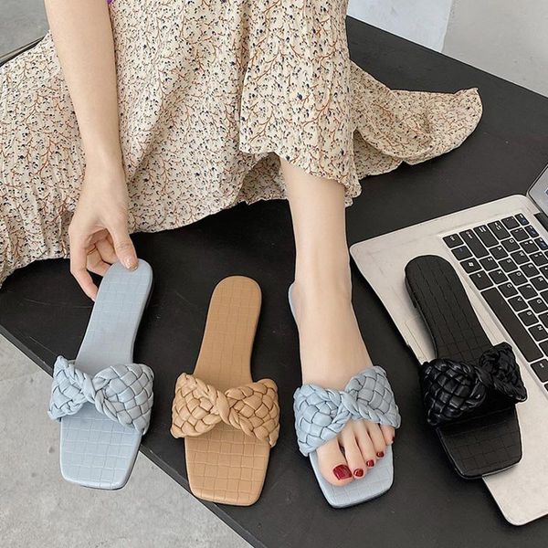 

slippers women personality weave bow-knot design summer open toe flat sandals black flip flop 2021 banquet ladies shoes