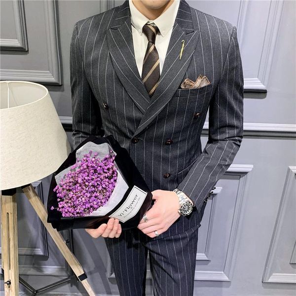 

groom suit men's wedding dress korean version slim stripe double breasted four seasons formal suits & blazers, White;black