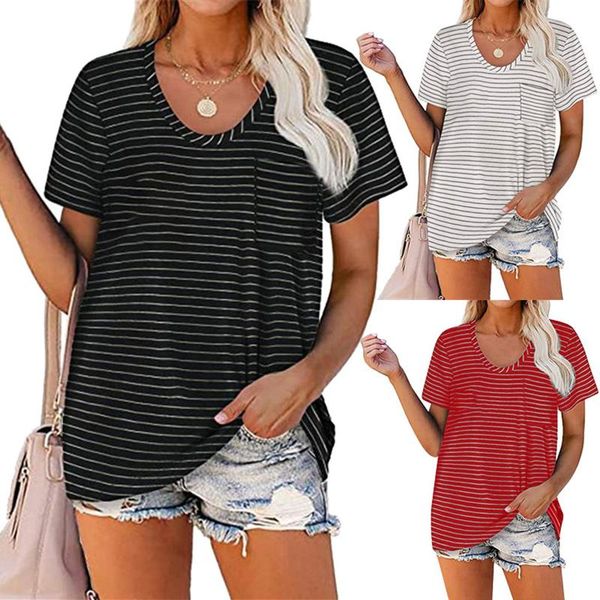 

women summer loose t-shirt, adults casual striped short sleeve round neck pullover women's t-shirt, White