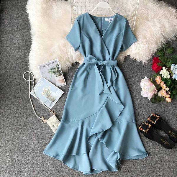 

slim asymmetrical fashion womens dresses v neck summer midi long dress party women bandage irregular casual ruffles elegant vestidos, Black;gray
