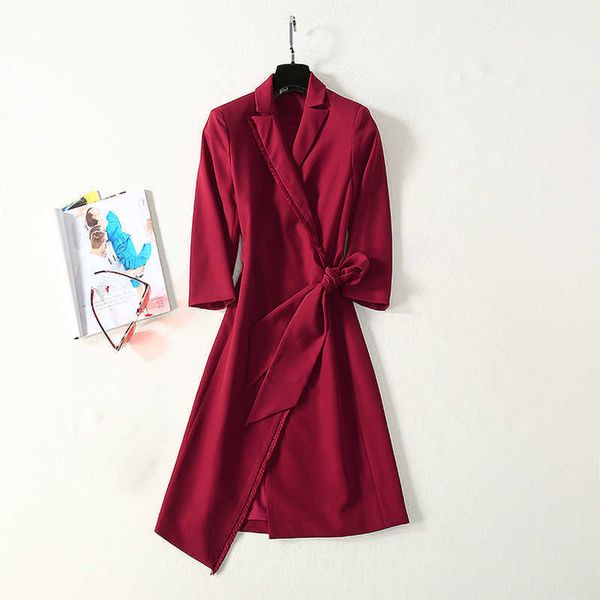 

sale fashion women's elegant tassel turn-down collar 3/4 sleeve lacing wire red split asymmetrical dress 210526, Black;gray