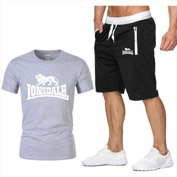 

summer lonsdale sportswear sets men tracksuits short sleeve t shirts pants fashion casual shorts 2 pieces set, Gray