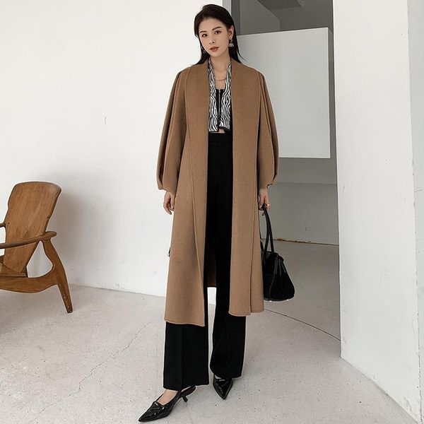 

women's wool & blends lantern sleeve coat long jacket., Black