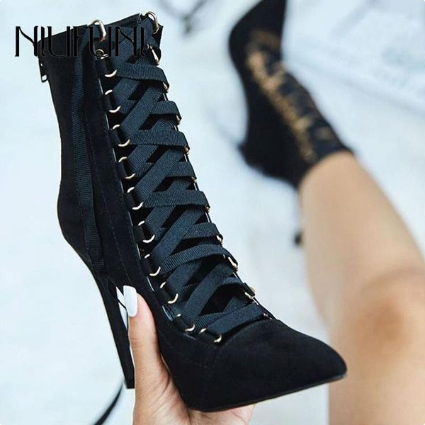 

flock pointed stiletto high-heeled cross strap mid-tube nude boots black back zipper women's sandals hollow pink shoes