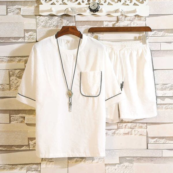 

w0118 summer men's casual suit with falling shoulder sleeves and two piece suit with 5-sleeve shorts, Gray