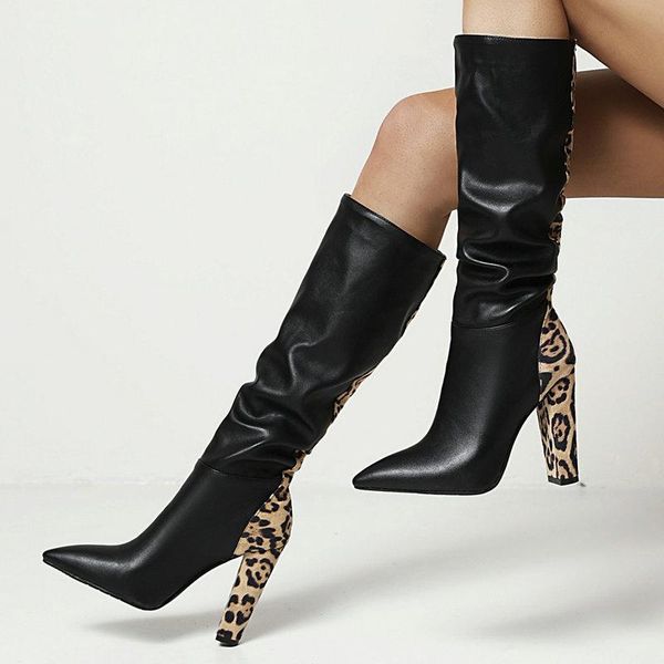 

boots leopard pleated women knee high fashion slip on pointed toe long autumn winter square heel women's shoes, Black